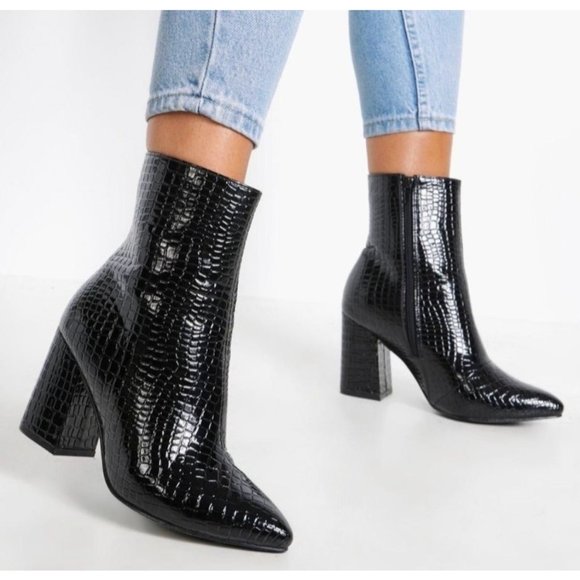 Boohoo Crocodile Faux Leather Ankle Boots Black Block Heel Size 39 / 9 US - Picture 1 of 7